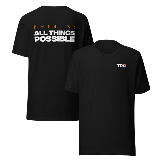 Men's Christian verse-code tee in black — All Things Possible, Philippians 4:13 (PHI413) | TRŪ Wear