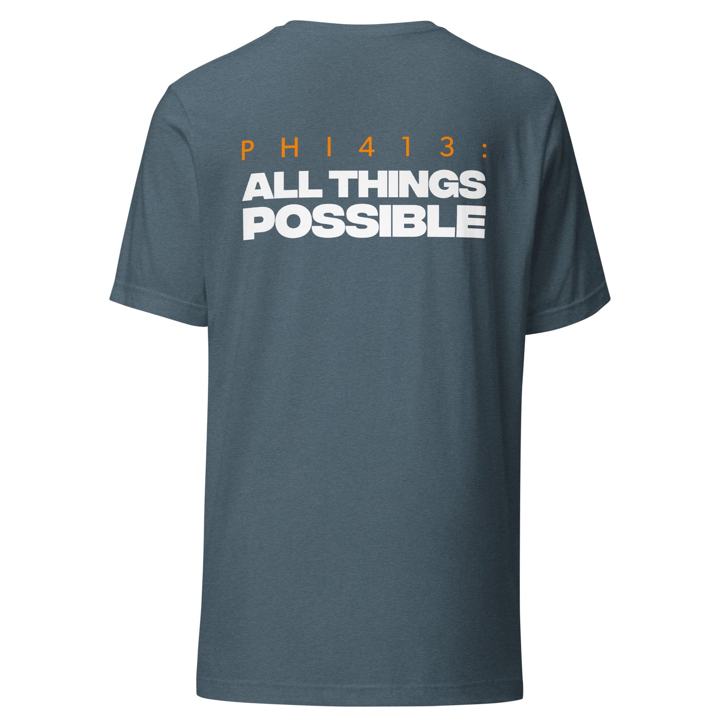 Men's Christian verse-code tee in heather slate — All Things Possible, Philippians 4:13 (PHI413) | TRŪ Wear