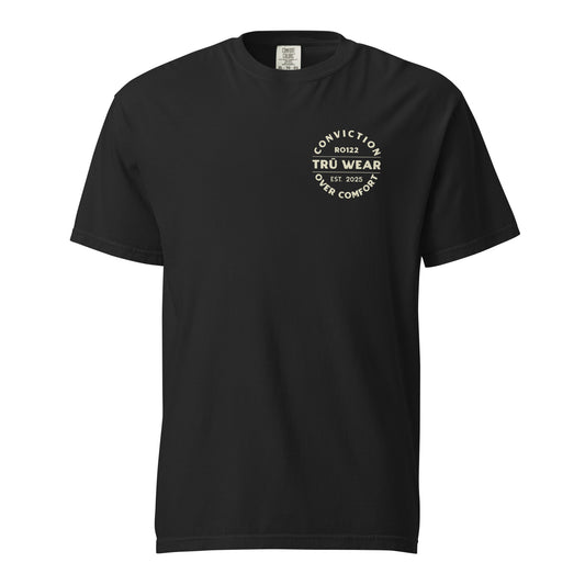 TRŪ Wear Conviction Over Comfort heavyweight garment dyed men's Christian tee, front chest badge, black, verse code RO122 for Romans 12:2