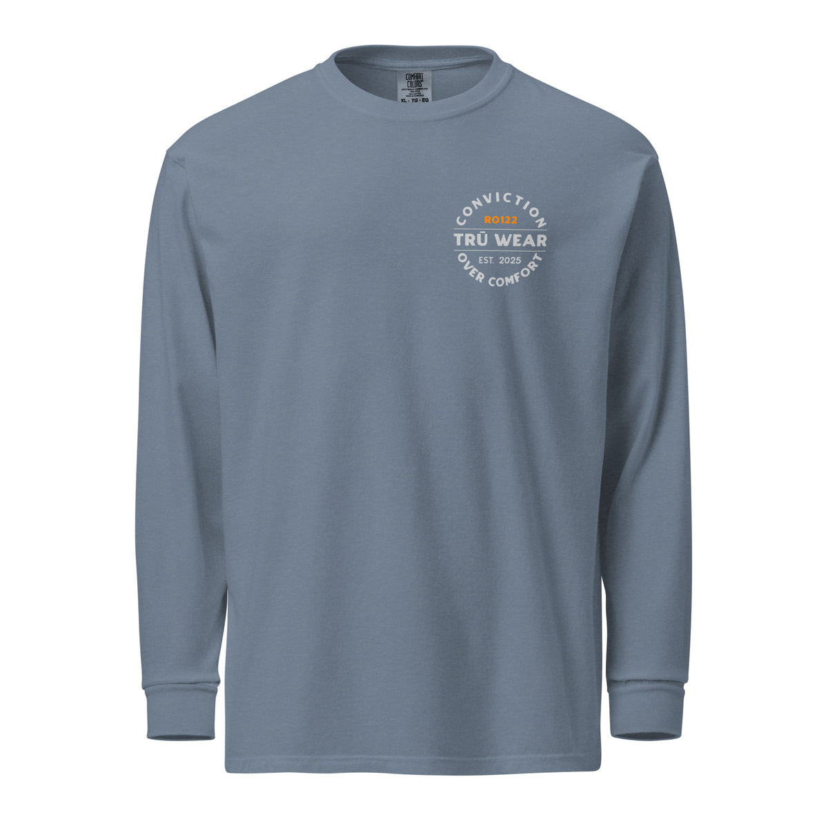 TRŪ Wear Conviction Over Comfort heavyweight long sleeve tee in blue jean, front