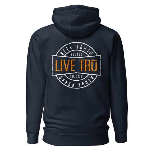 Live TRū Hoodie navy back view - J83132 verse code - TRU Wear Christian men's Scripture hoodie