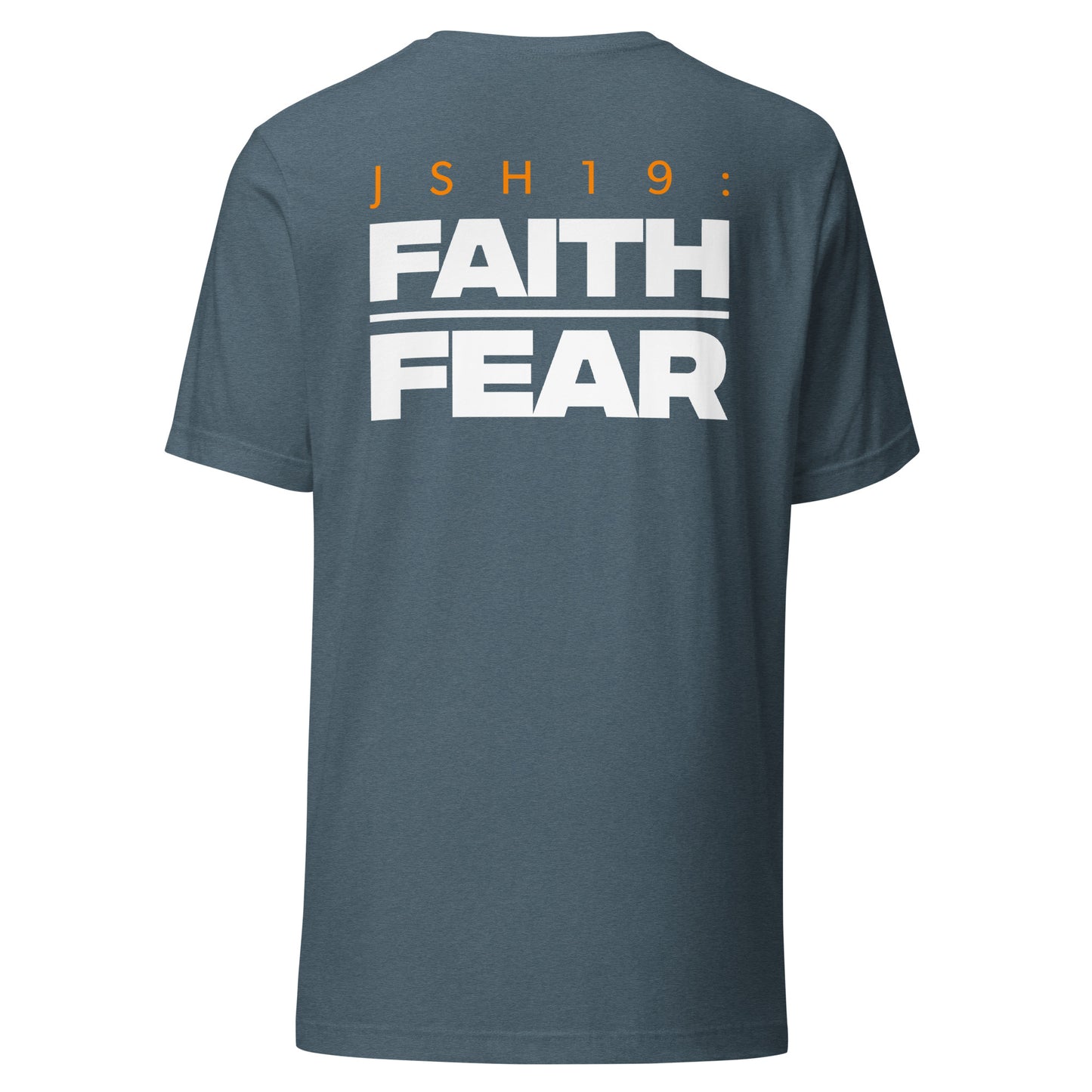 Men's Christian verse-code tee in heather slate — Faith Over Fear, Joshua 1:9 (JSH19) | TRŪ Wear