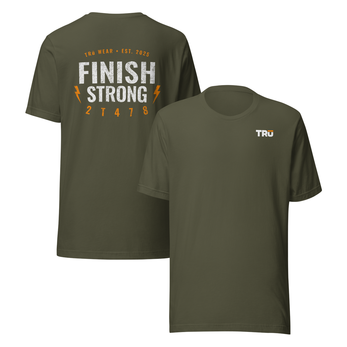 Military green Finish Strong Bolt Tee front and back — Christian Scripture graphic tee for men, 2T478