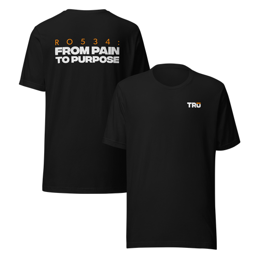 Men's Christian verse-code tee in black — From Pain To Purpose, Romans 5:3-4 (RO534) | TRŪ Wear