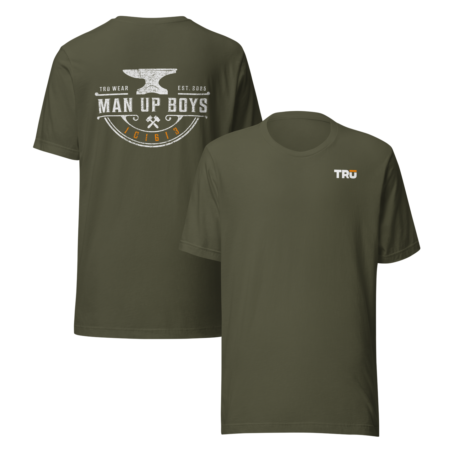 Military green Man Up Anvil Tee front and back — Christian Scripture graphic tee for men, 1C1613
