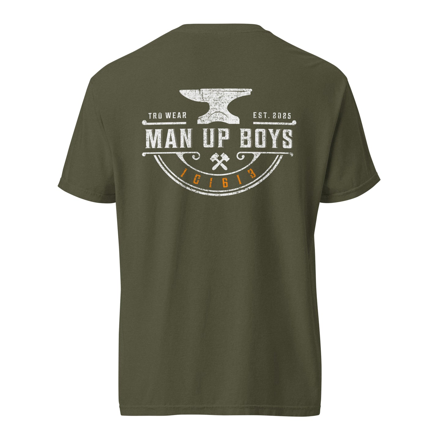 TRŪ Wear Man Up Boys heavyweight garment dyed men's Christian tee, back print, sage green, verse code 1C1613 for 1 Corinthians 16:13
