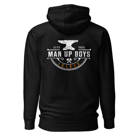 Man Up Boys Hoodie black back view - 1C1613 verse code - TRU Wear Christian men's Scripture hoodie