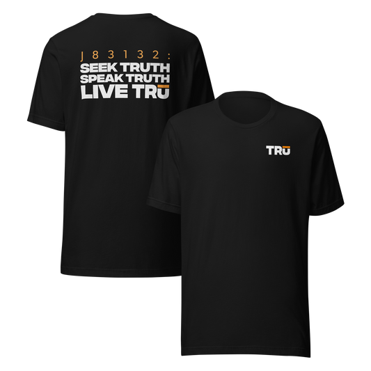 Men's Christian verse-code tee in black — Seek Speak Live, John 8:31-32 (J83132) | TRŪ Wear