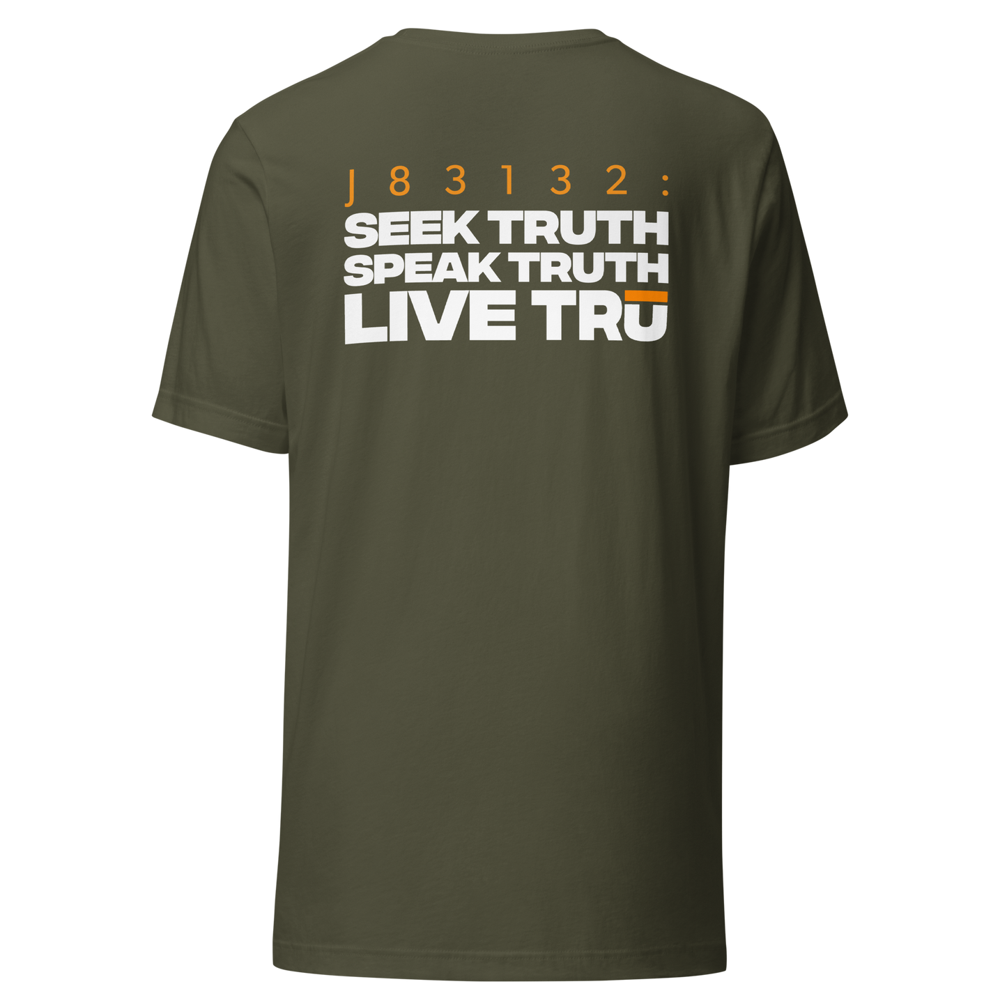 Men's Christian verse-code tee in military green — Seek Speak Live, John 8:31-32 (J83132) | TRŪ Wear
