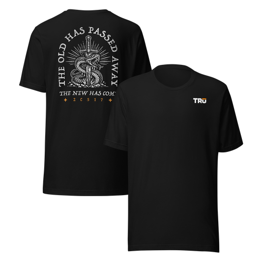 Black The Old Has Passed Away Sword Tee front and back — Christian Scripture graphic tee for men, 2C517