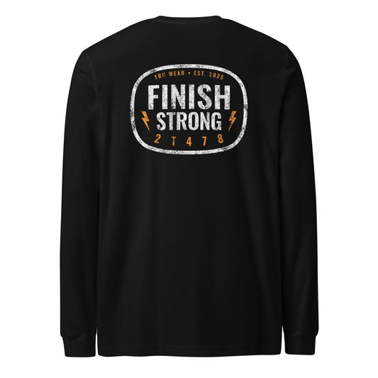 Finish Strong Long Sleeve Tee — Black, back view, 2T478 Scripture verse code design | TRŪ Wear