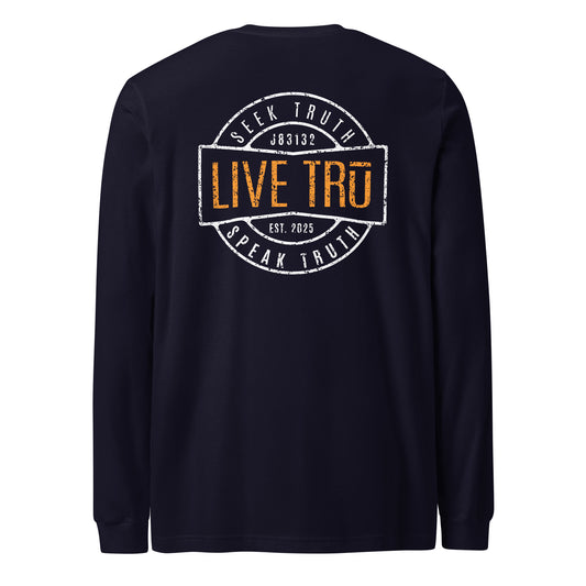 Live TRū Long Sleeve Tee — Navy, back view, J83132 Scripture verse code design | TRŪ Wear