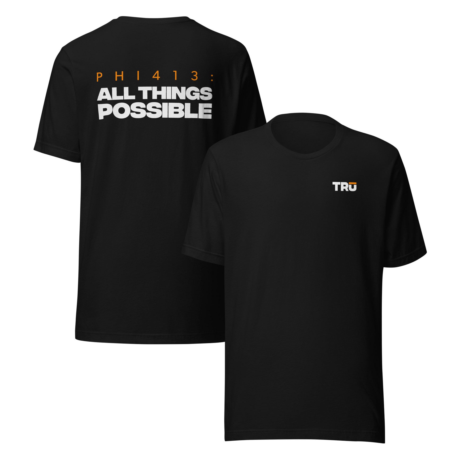 Men's Christian verse-code tee in black — All Things Possible, Philippians 4:13 (PHI413) | TRŪ Wear