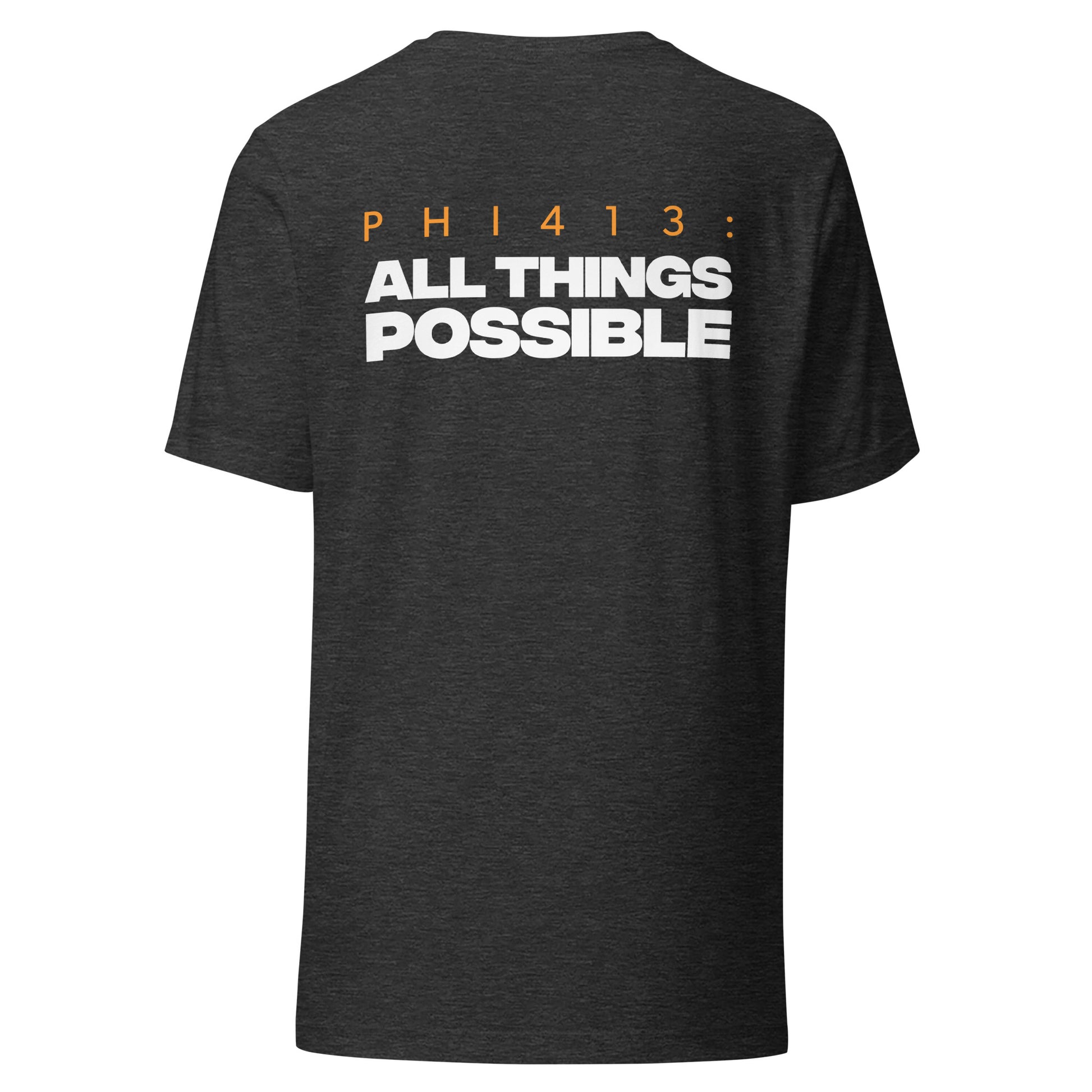 Men's Christian verse-code tee in dark grey heather — All Things Possible, Philippians 4:13 (PHI413) | TRŪ Wear