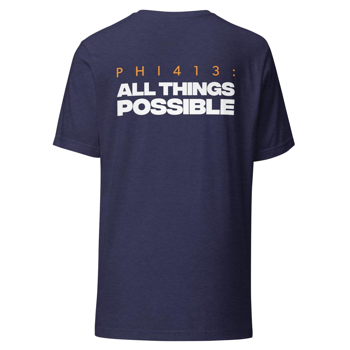 Men's Christian verse-code tee in heather navy — All Things Possible, Philippians 4:13 (PHI413) | TRŪ Wear