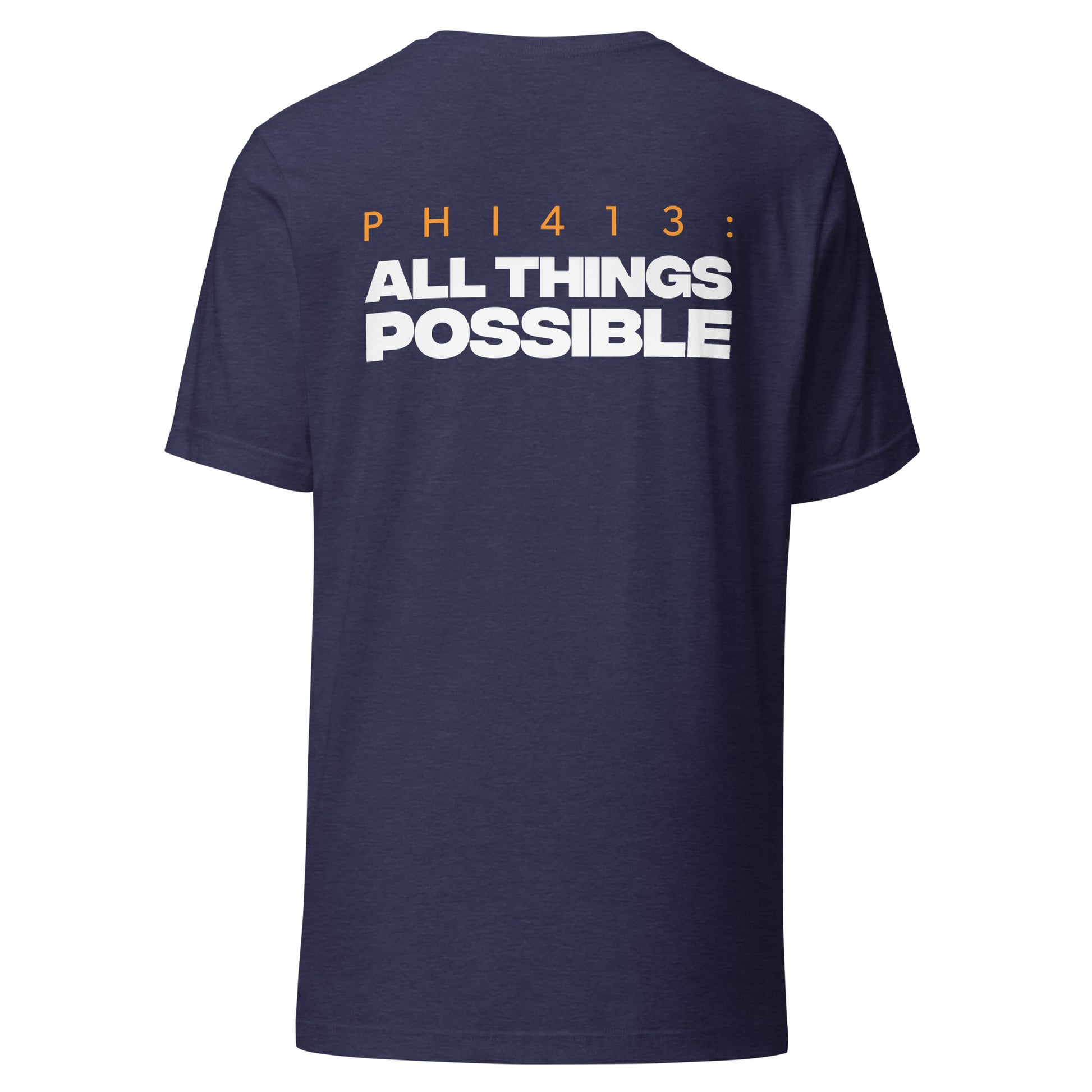 Men's Christian verse-code tee in heather navy — All Things Possible, Philippians 4:13 (PHI413) | TRŪ Wear