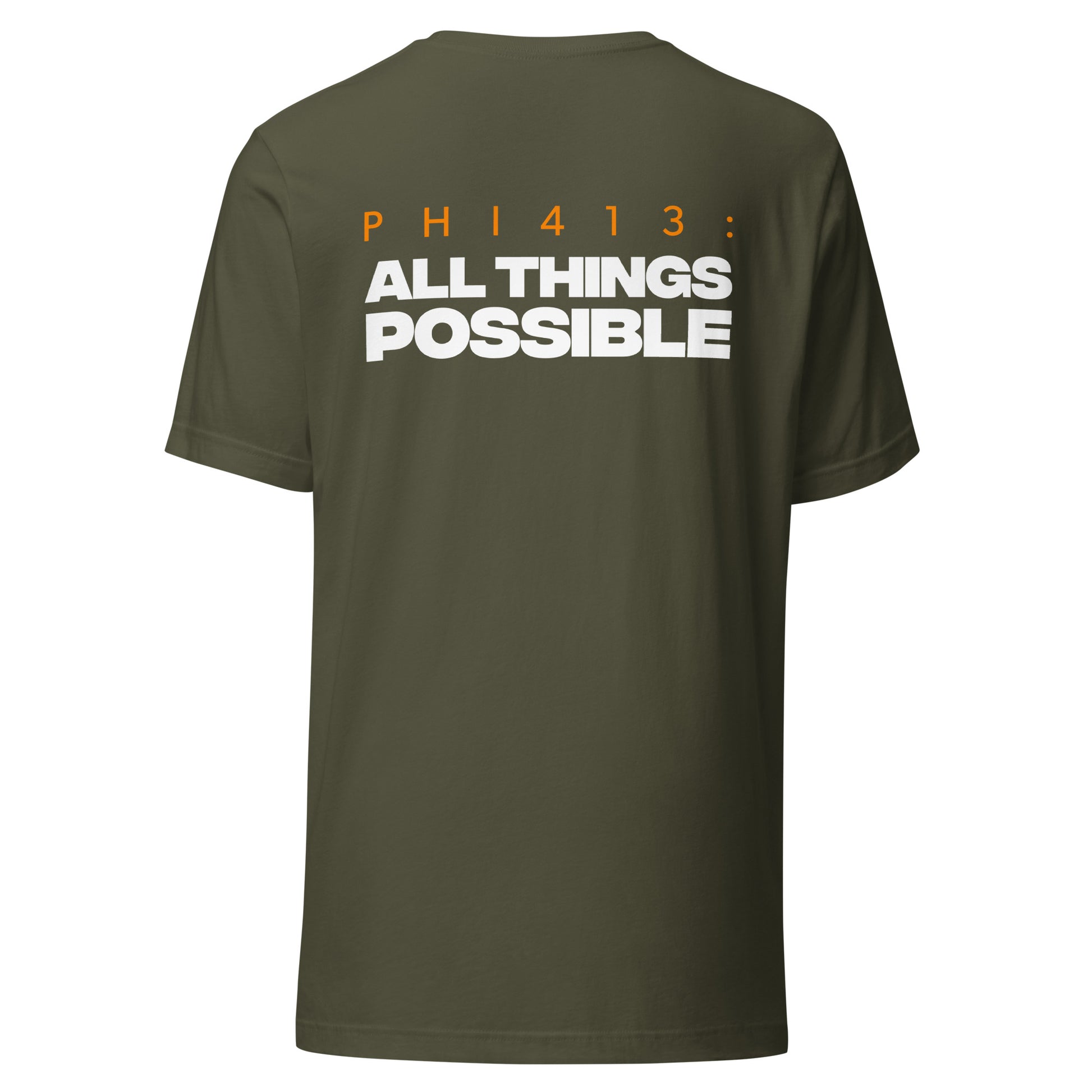 Men's Christian verse-code tee in military green — All Things Possible, Philippians 4:13 (PHI413) | TRŪ Wear