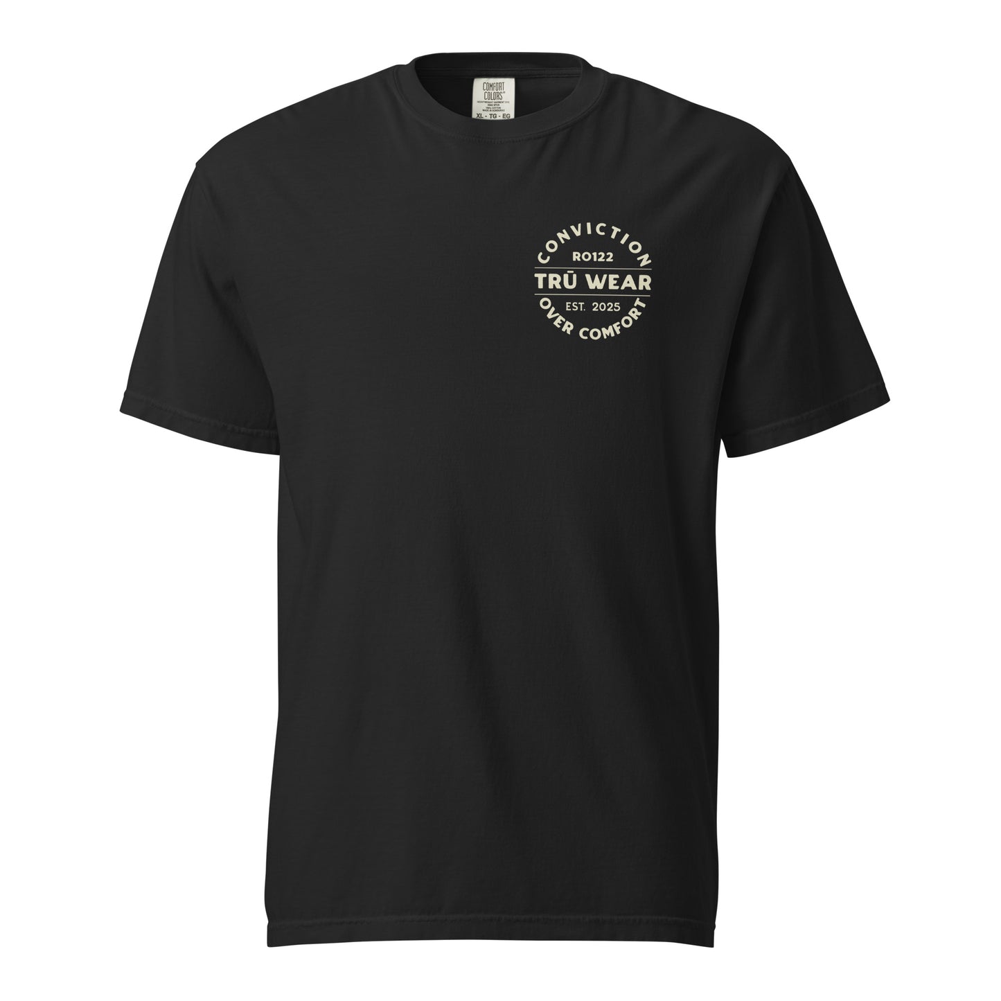 TRŪ Wear Conviction Over Comfort heavyweight garment dyed men's Christian tee, front chest badge, black, verse code RO122 for Romans 12:2
