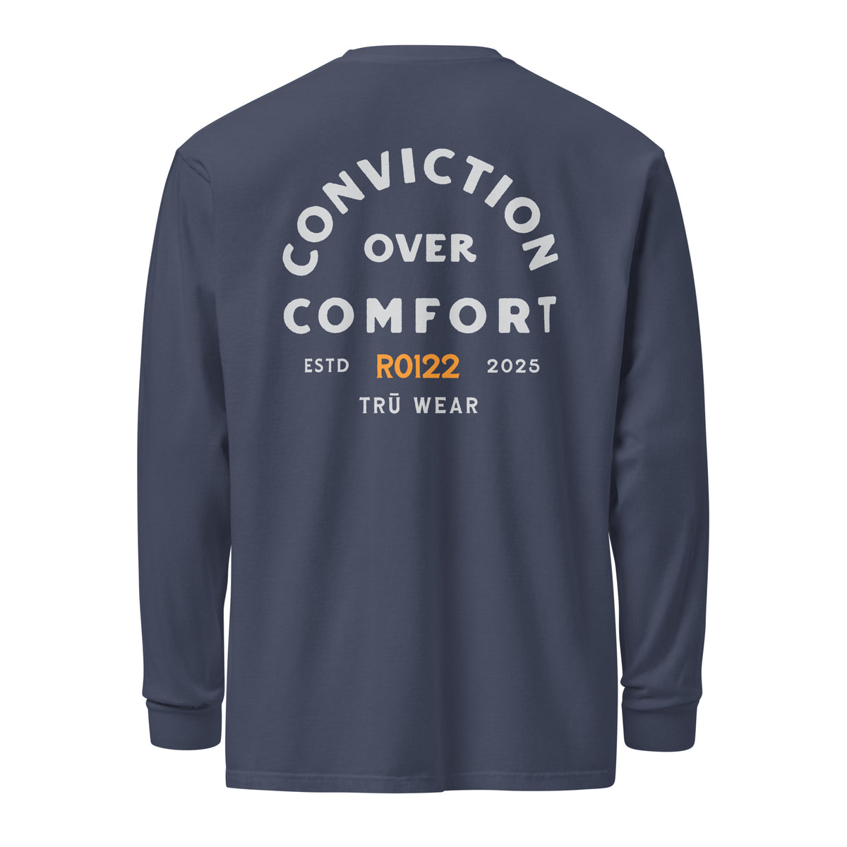 TRŪ Wear Conviction Over Comfort heavyweight long sleeve tee in navy, back