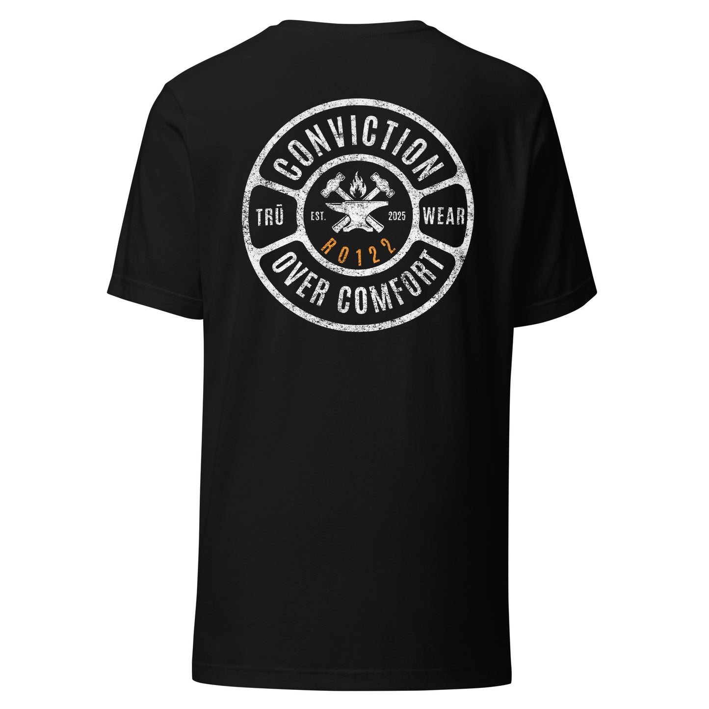 Black Conviction Over Comfort Tee back view — distressed badge design with verse code RO122, Romans 12:2, Christian men's Scripture t-shirt, TRŪ Wear