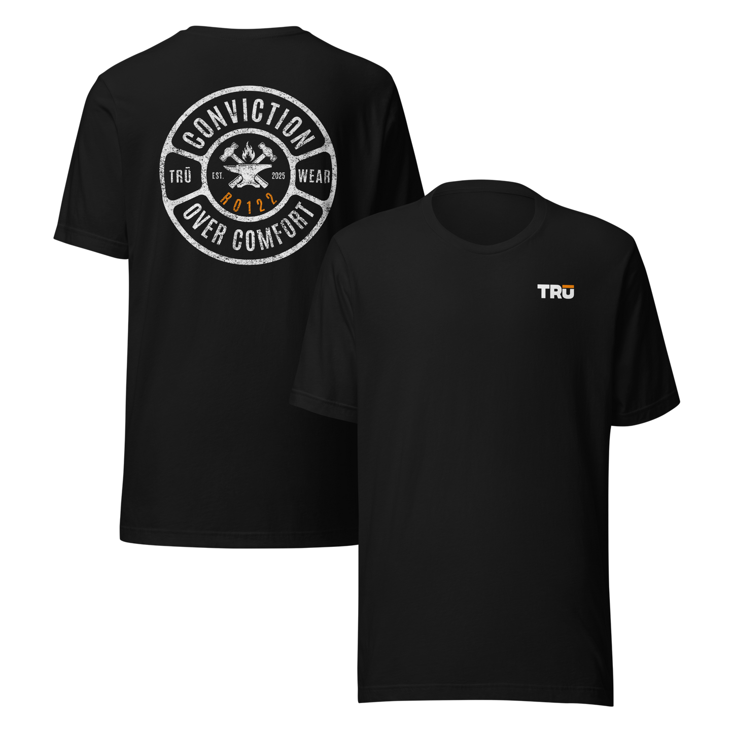 Black Conviction Over Comfort Tee front and back view — distressed badge design with verse code RO122, Romans 12:2, Christian men's Scripture t-shirt, TRŪ Wear