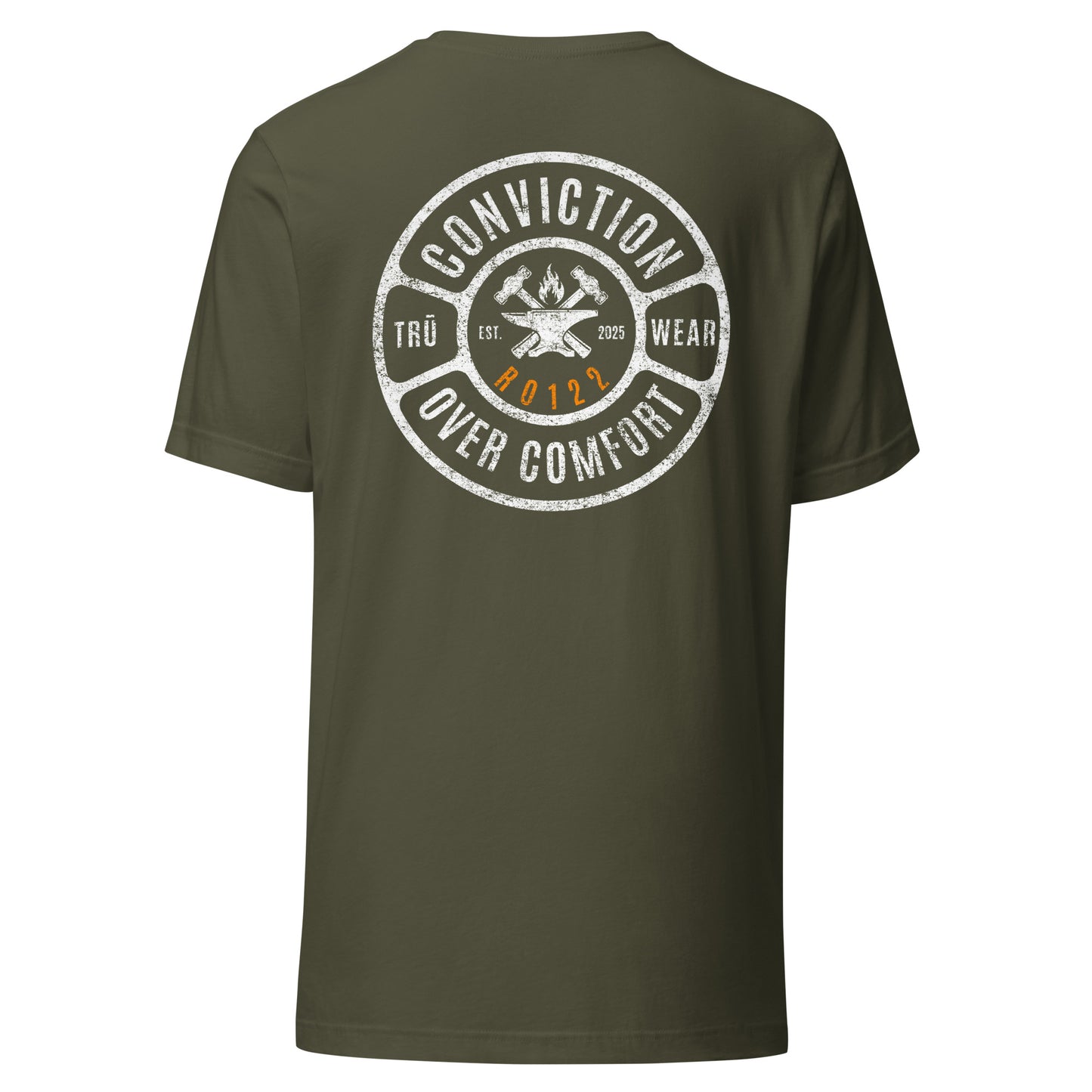 Military green Conviction Over Comfort Tee back view — distressed badge design with verse code RO122, Romans 12:2, Christian men's Scripture t-shirt, TRŪ Wear
