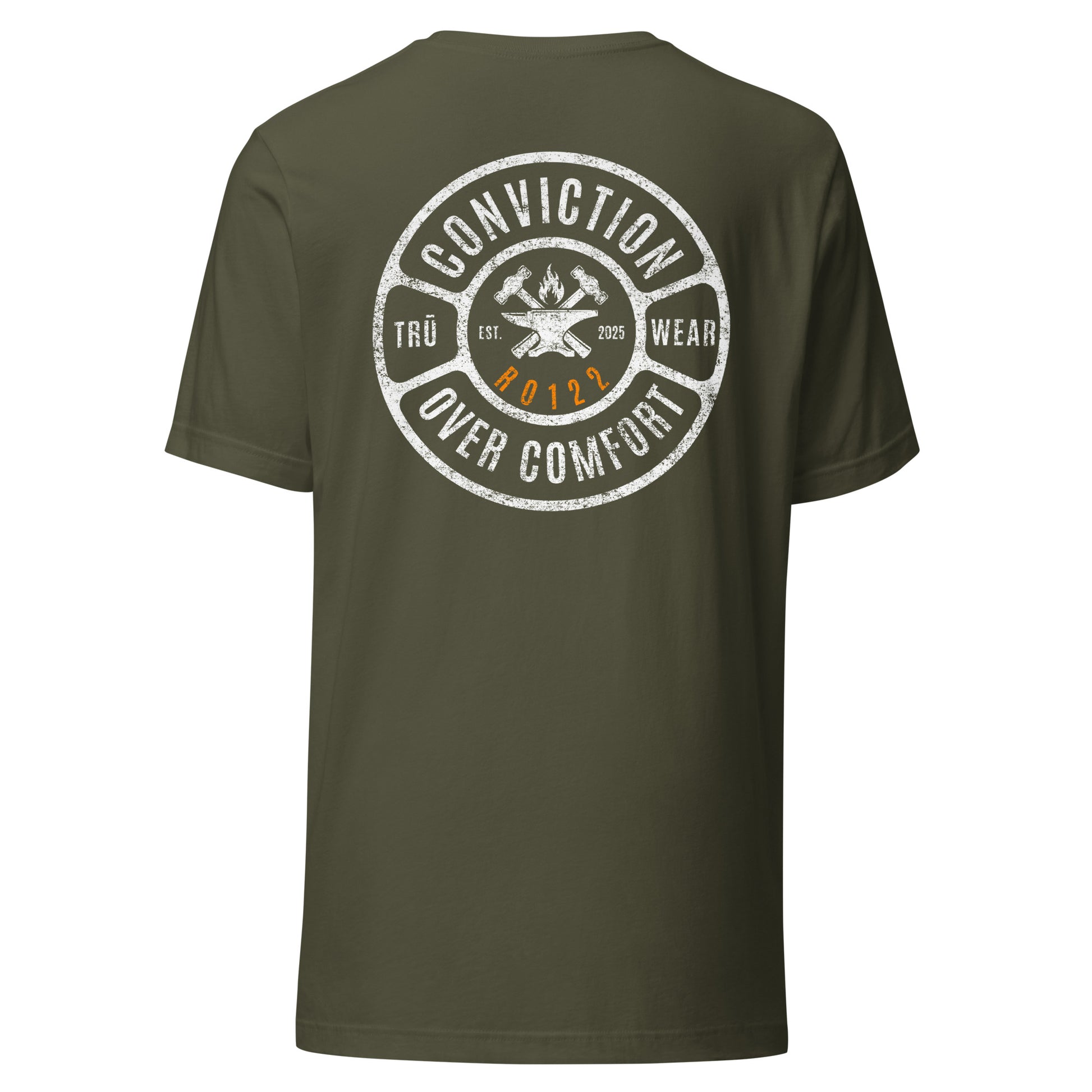 Military green Conviction Over Comfort Tee back view — distressed badge design with verse code RO122, Romans 12:2, Christian men's Scripture t-shirt, TRŪ Wear