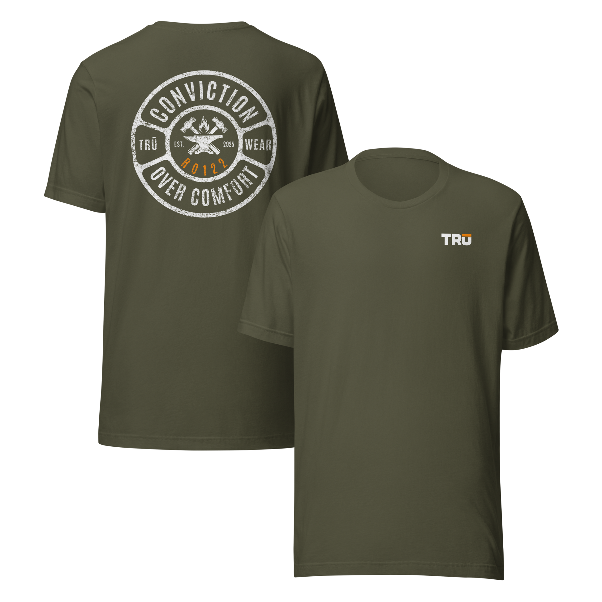 Military green Conviction Over Comfort Tee front and back view — distressed badge design with verse code RO122, Romans 12:2, Christian men's Scripture t-shirt, TRŪ Wear