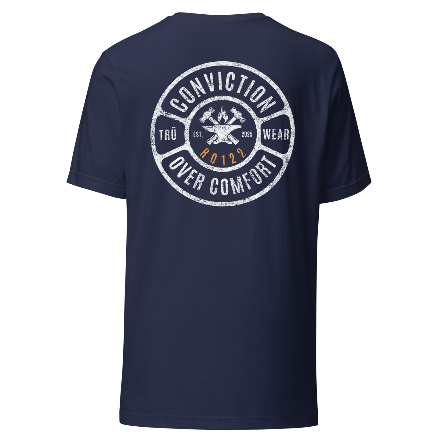 Navy Conviction Over Comfort Tee back view — distressed badge design with verse code RO122, Romans 12:2, Christian men's Scripture t-shirt, TRŪ Wear