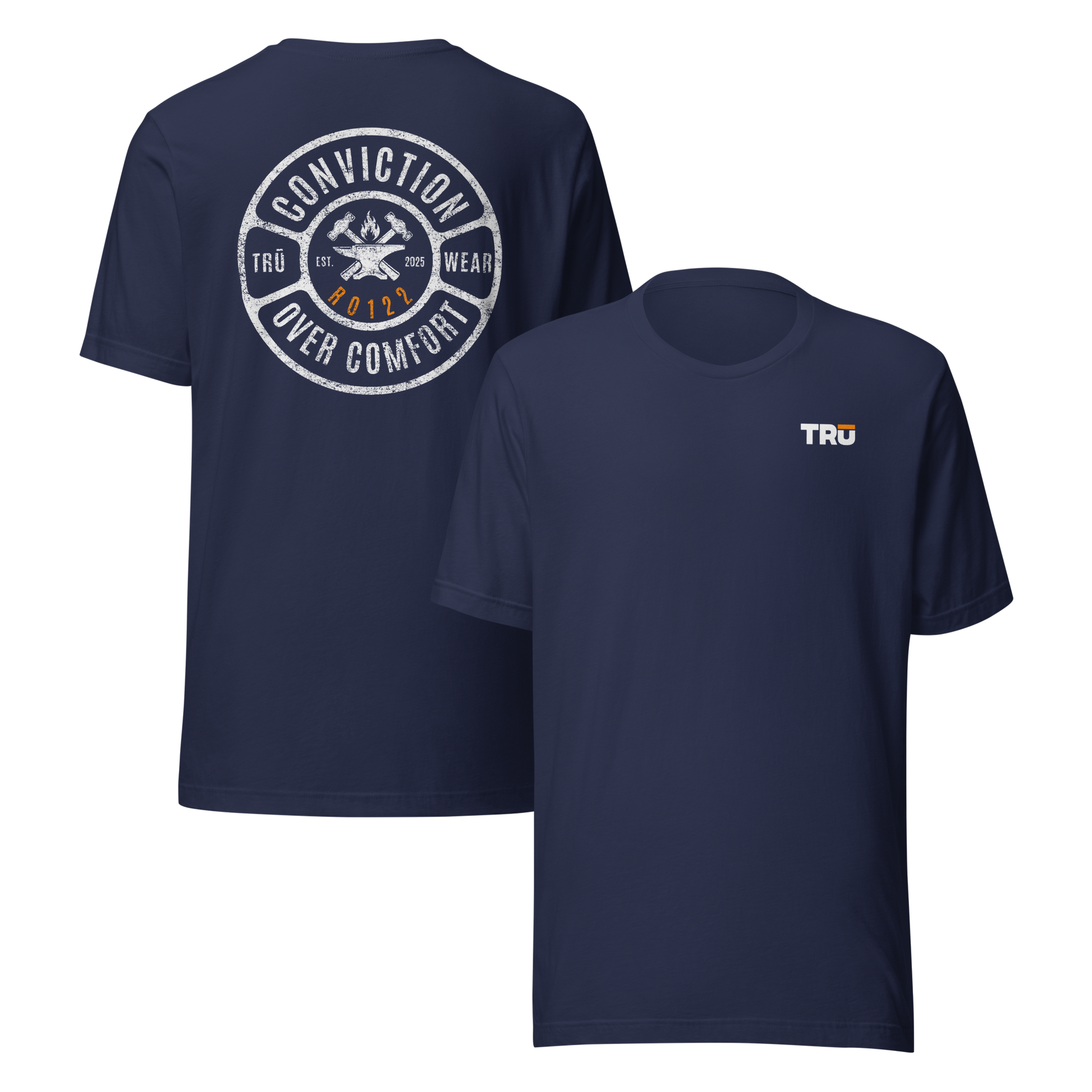 Navy Conviction Over Comfort Tee front and back view — distressed badge design with verse code RO122, Romans 12:2, Christian men's Scripture t-shirt, TRŪ Wear