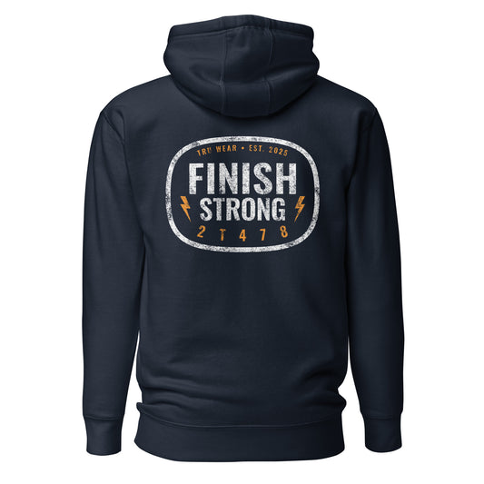 Finish Strong Hoodie navy back view - 2T478 verse code - TRU Wear Christian men's Scripture hoodie