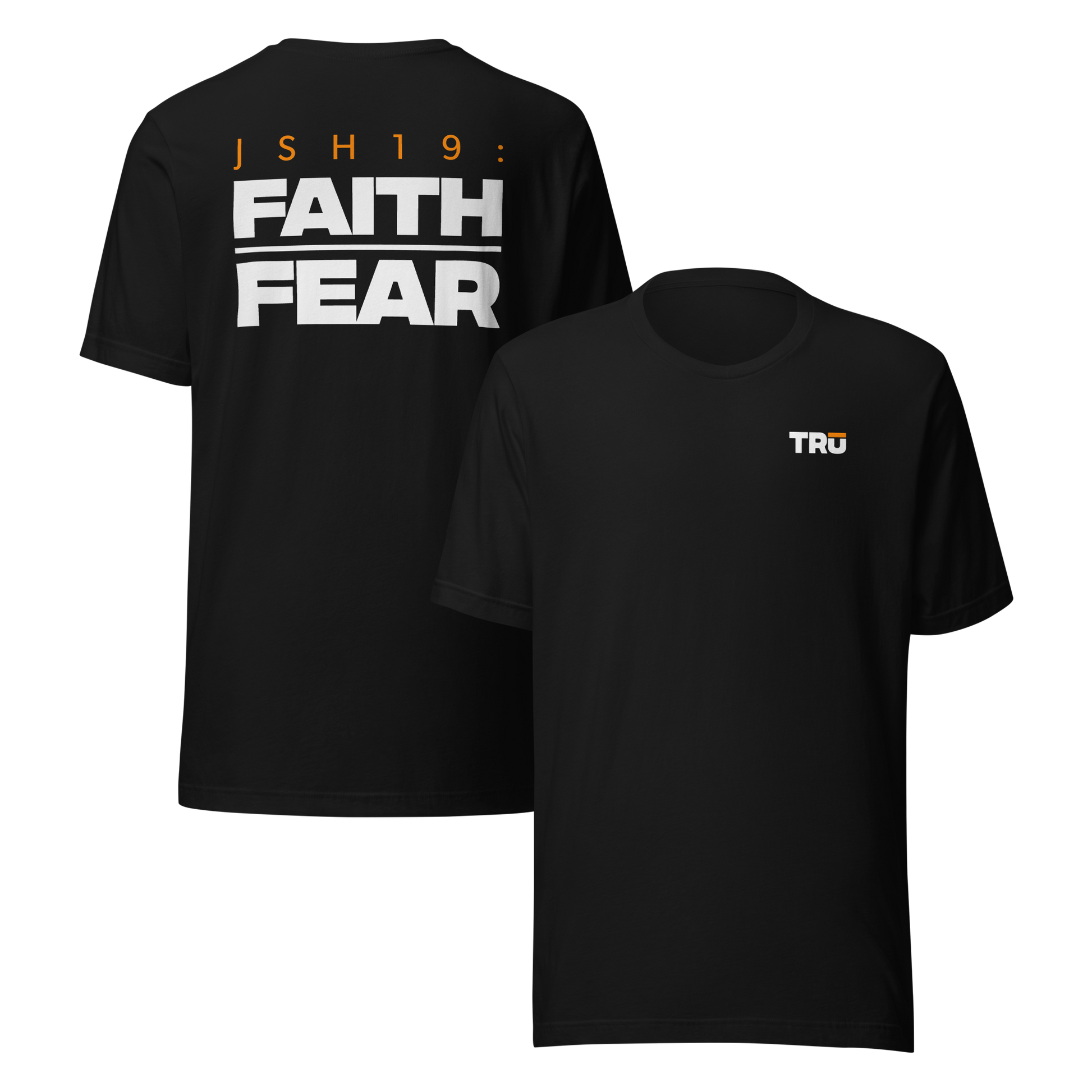 Men's Christian verse-code tee in black — Faith Over Fear, Joshua 1:9 (JSH19) | TRŪ Wear