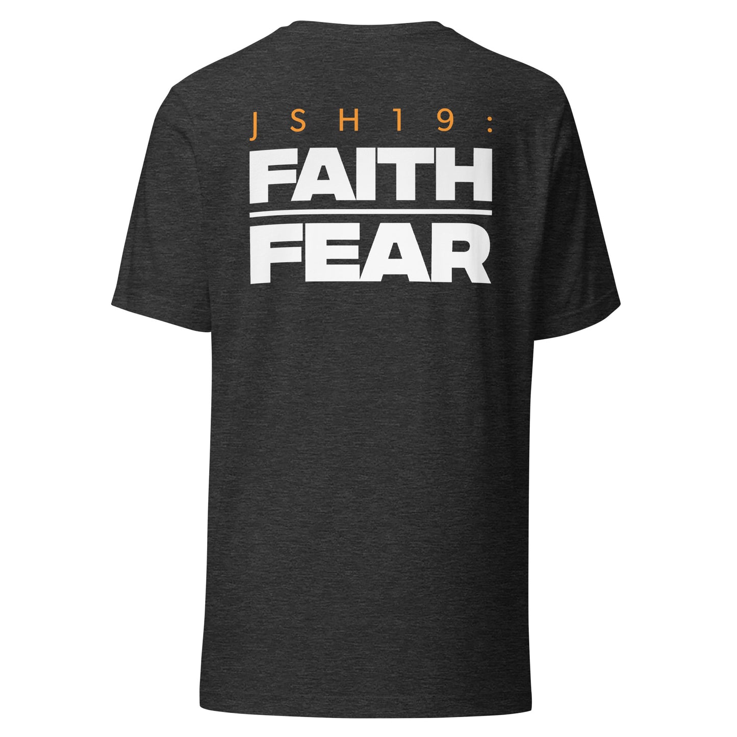 Men's Christian verse-code tee in dark grey heather — Faith Over Fear, Joshua 1:9 (JSH19) | TRŪ Wear