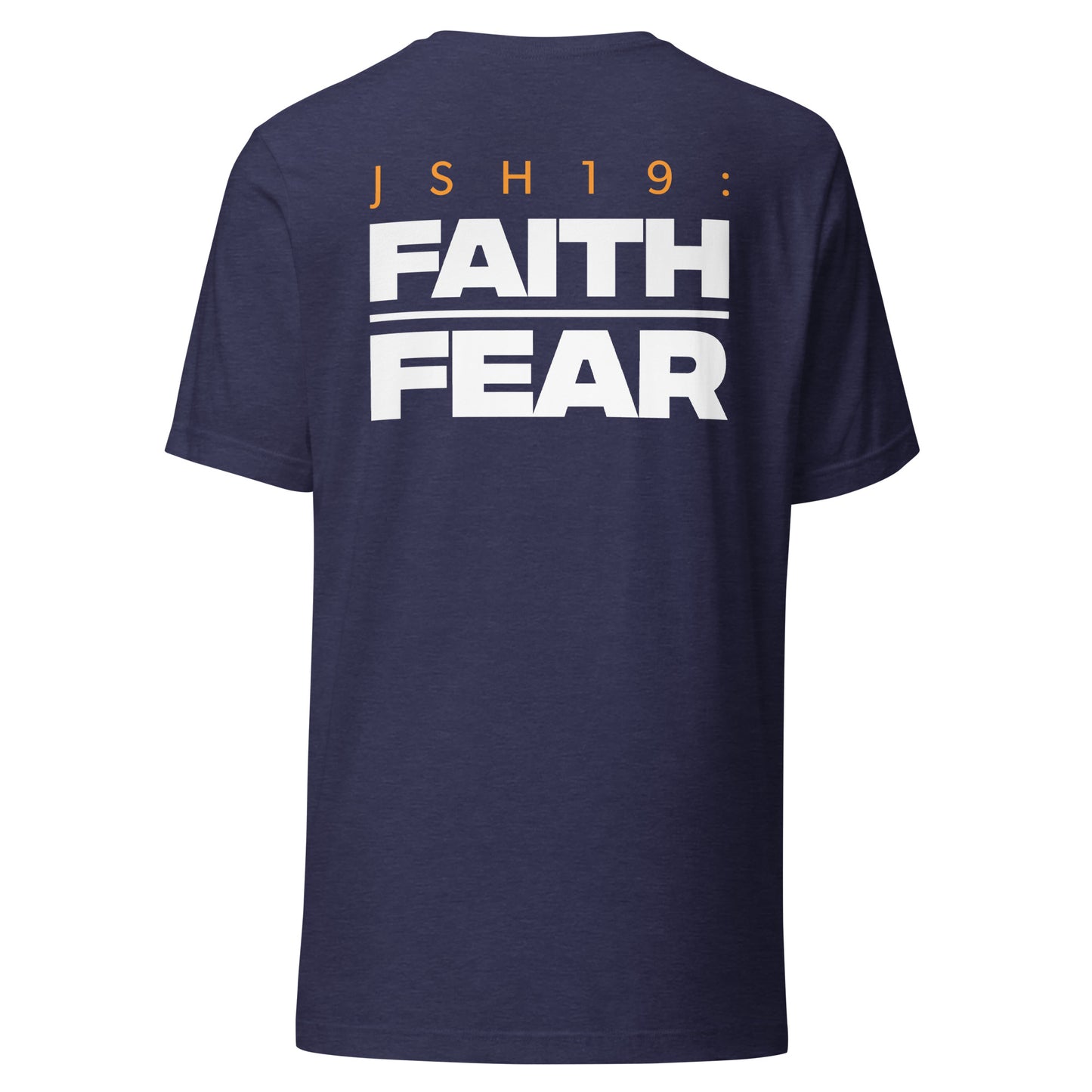 Men's Christian verse-code tee in heather navy — Faith Over Fear, Joshua 1:9 (JSH19) | TRŪ Wear