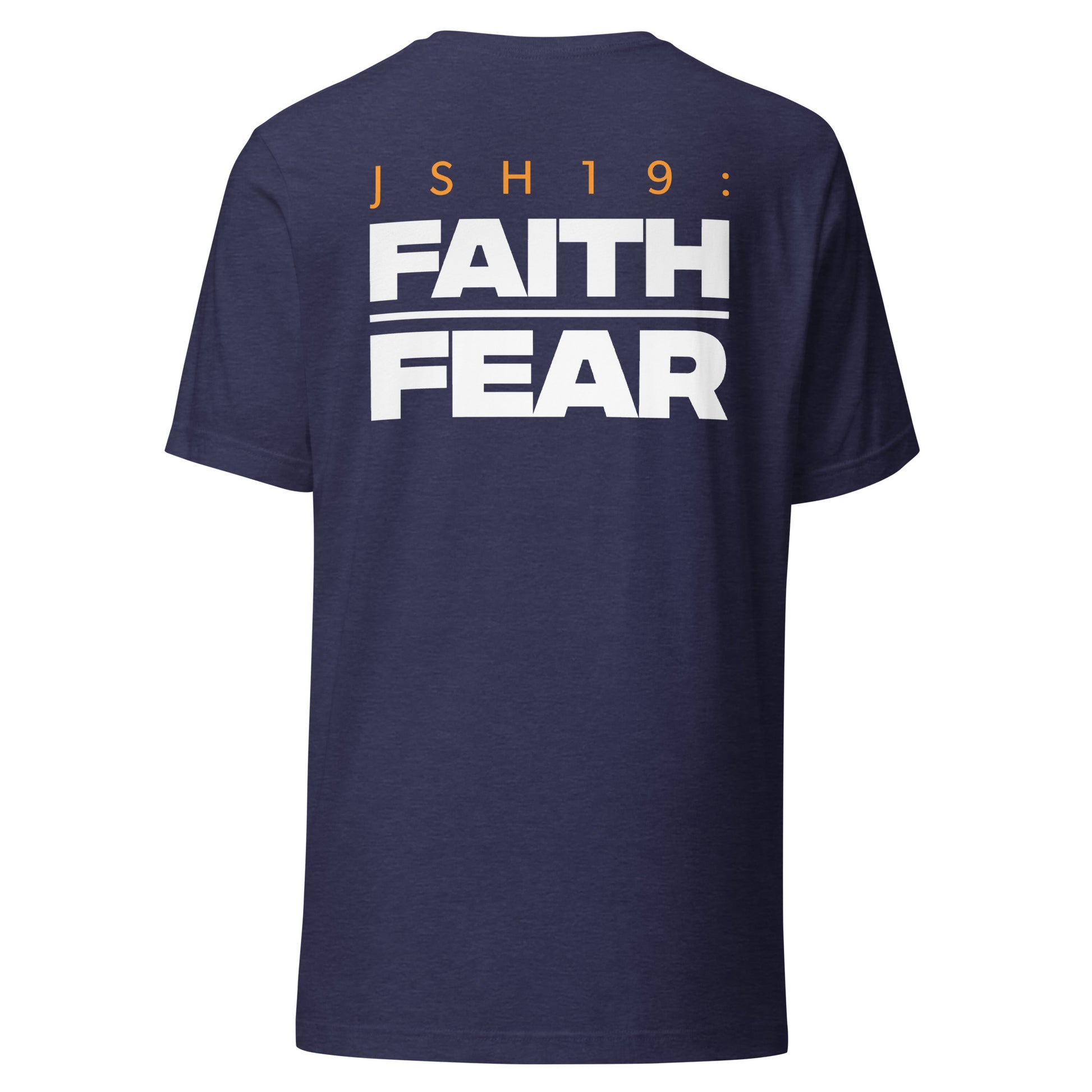 Men's Christian verse-code tee in heather navy — Faith Over Fear, Joshua 1:9 (JSH19) | TRŪ Wear