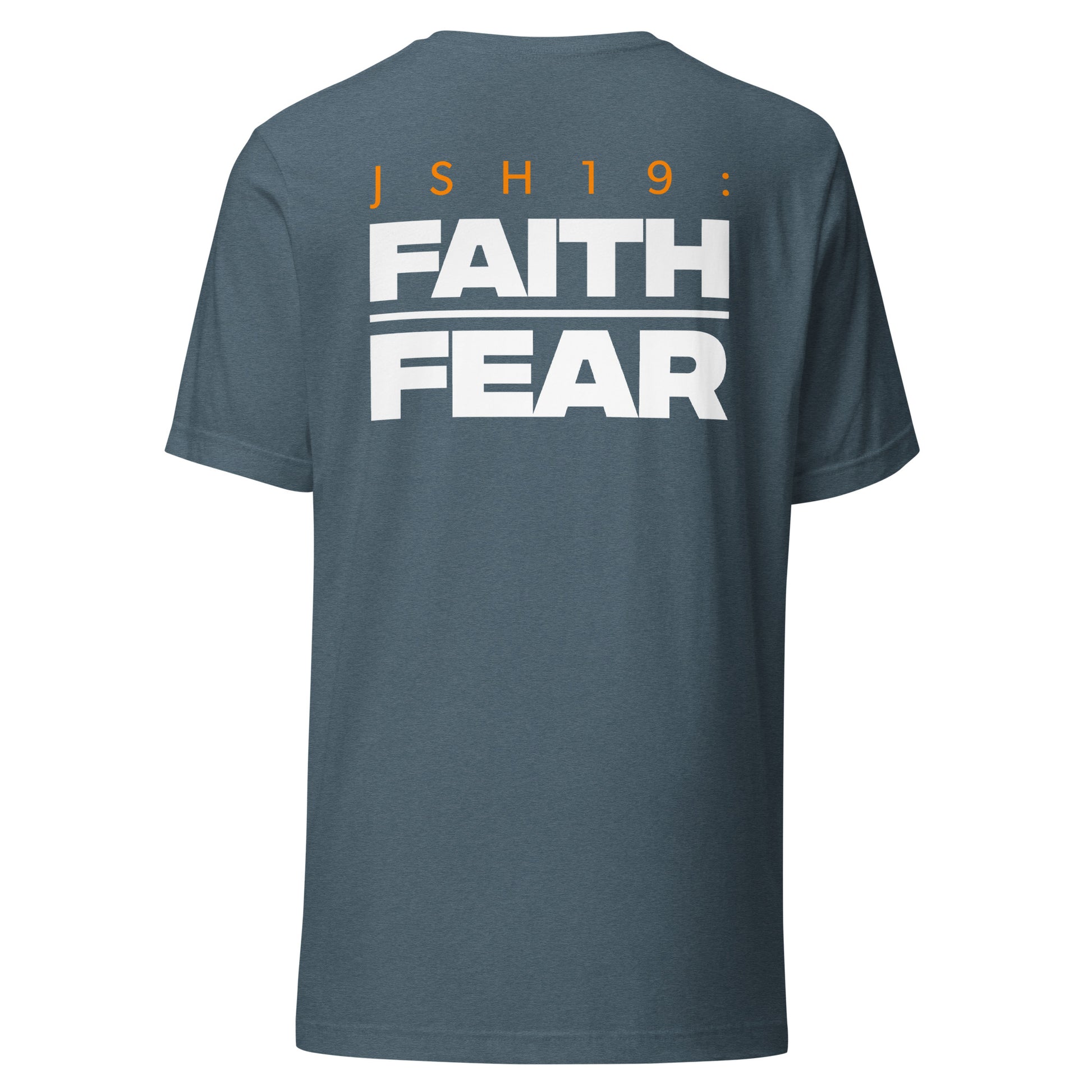 Men's Christian verse-code tee in heather slate — Faith Over Fear, Joshua 1:9 (JSH19) | TRŪ Wear
