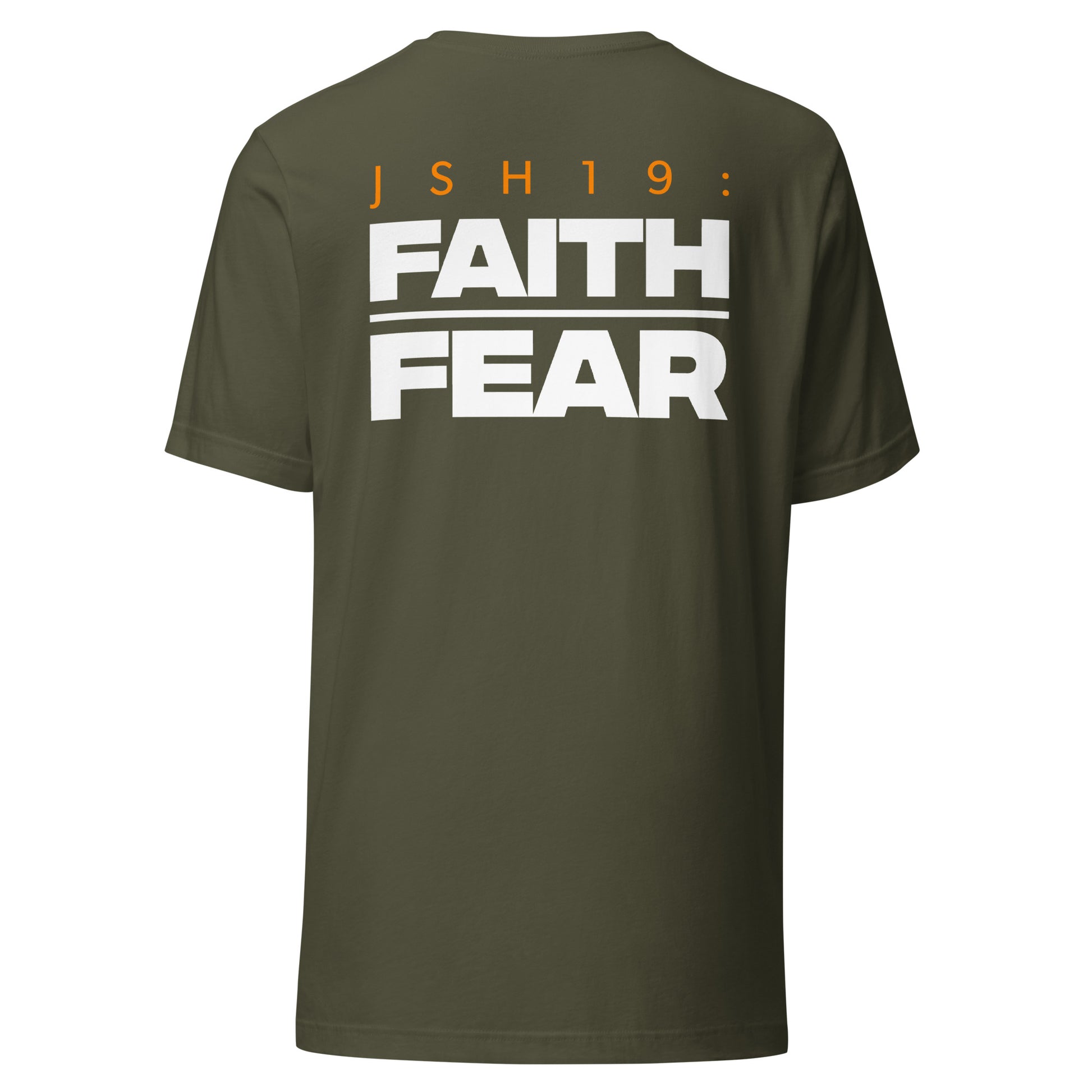 Men's Christian verse code tee in military green — Faith Over Fear, Joshua 1:9 (JSH19) | TRŪ Wear