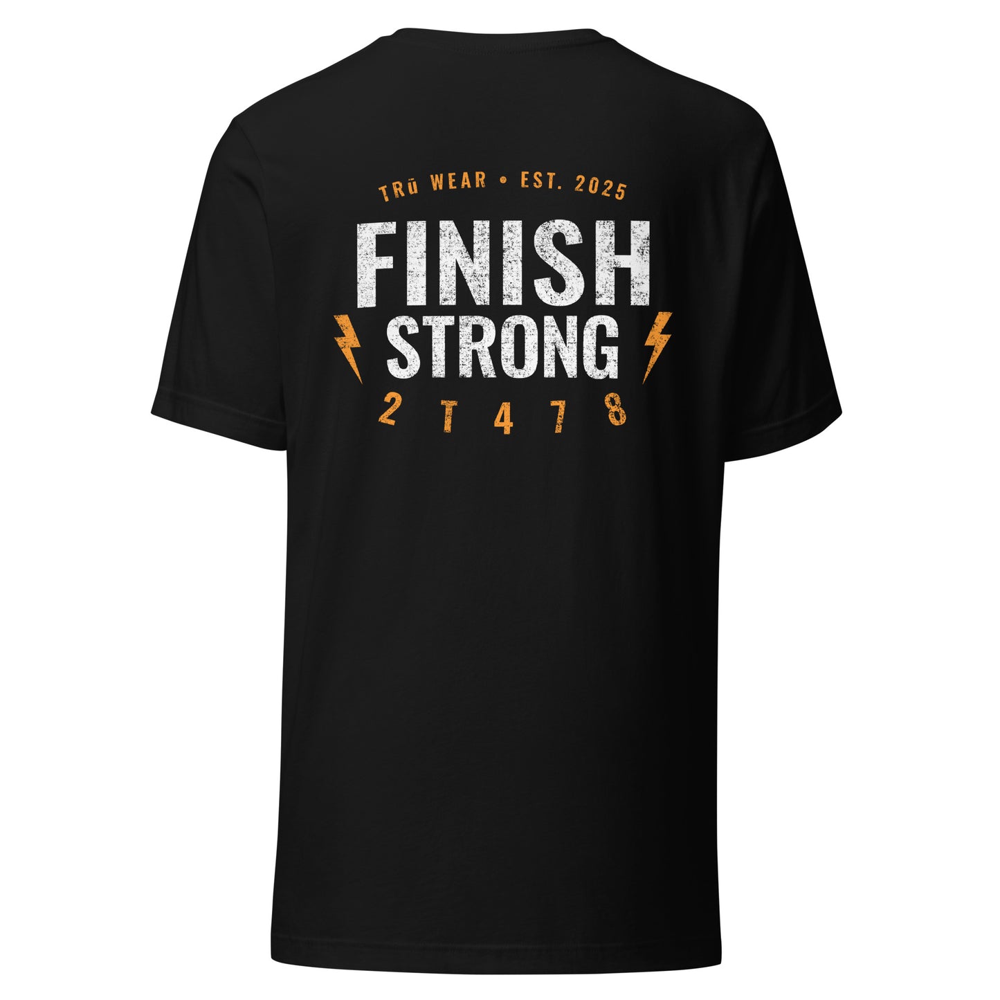 Men's Christian graphic tee in black with Finish Strong lightning bolt design — 2 Timothy 4:7-8 (2T478)