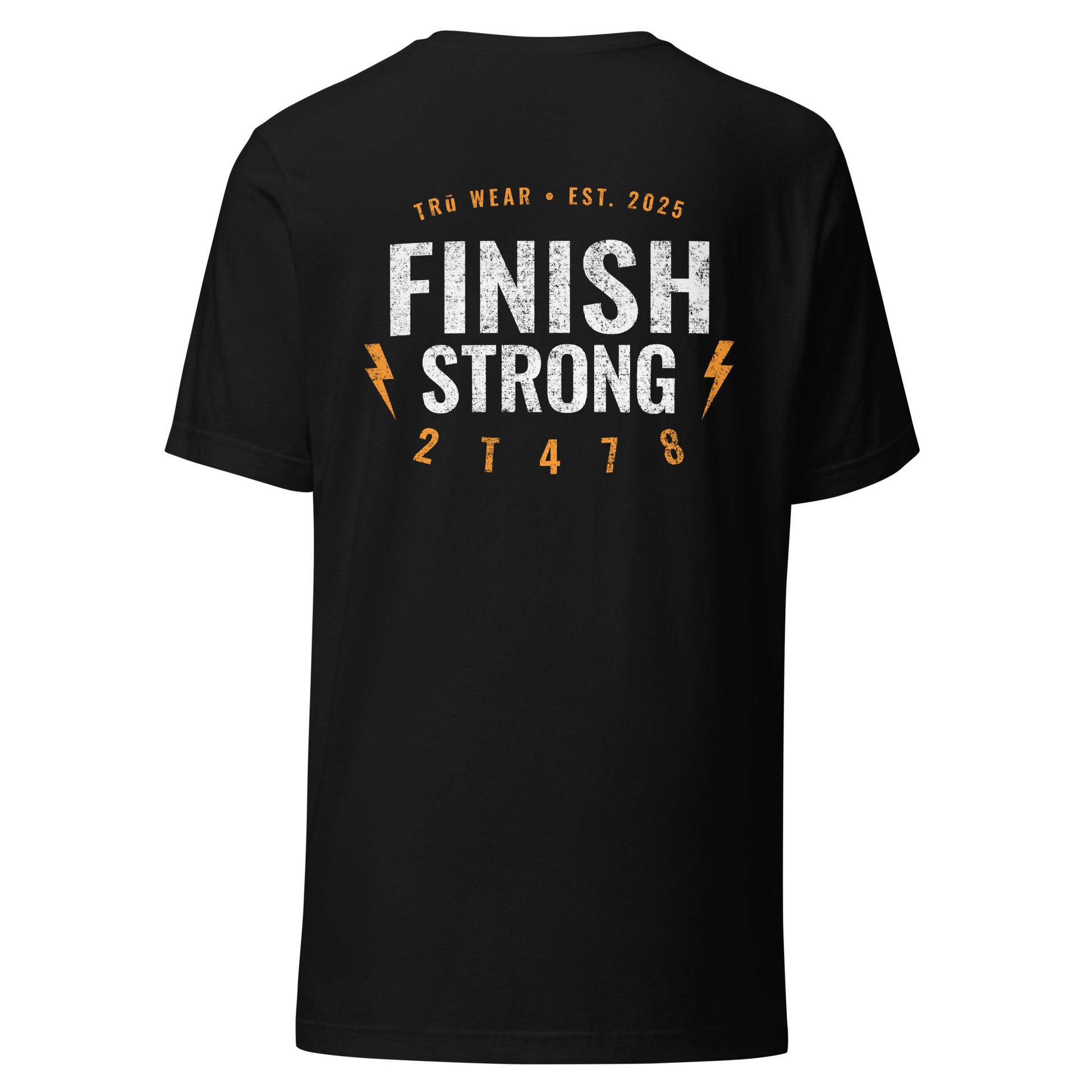 Men's Christian graphic tee in black with Finish Strong lightning bolt design — 2 Timothy 4:7-8 (2T478)