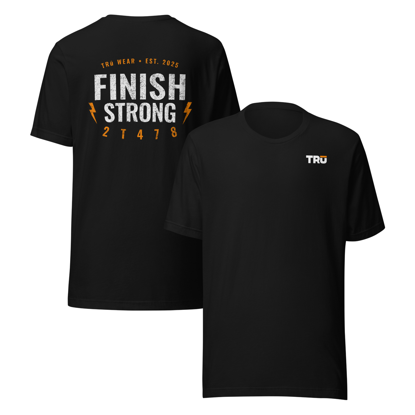 Black Finish Strong Bolt Tee front and back — Christian Scripture graphic tee for men, 2T478