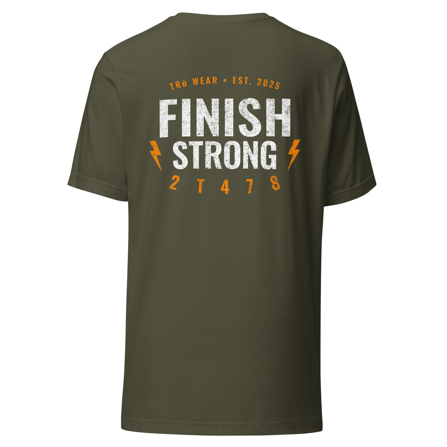 Military green men’s Christian graphic tee with Finish Strong lightning bolt design — 2 Timothy 4:7-8 (2T478)