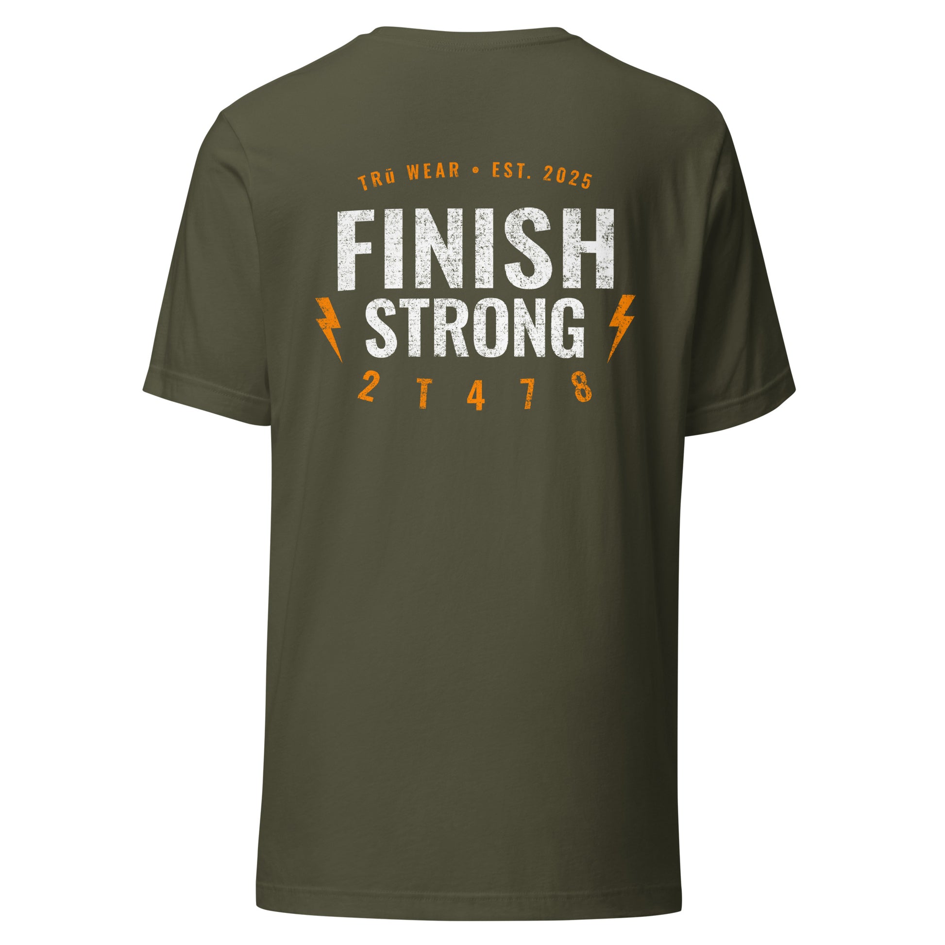 Military green men’s Christian graphic tee with Finish Strong lightning bolt design — 2 Timothy 4:7-8 (2T478)