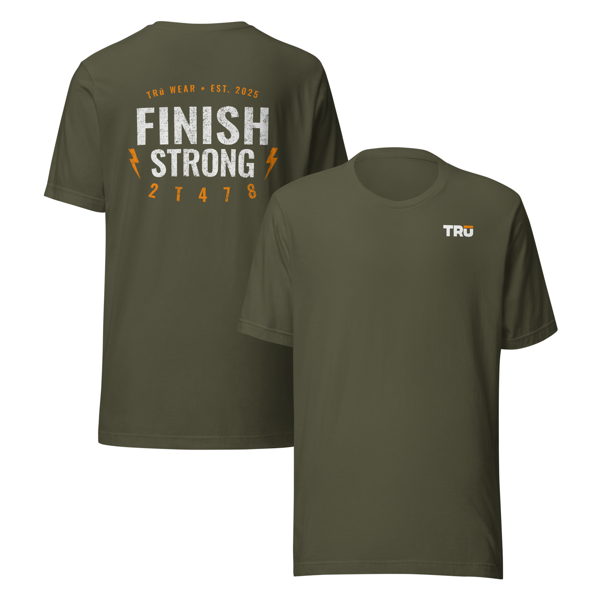 Military green Finish Strong Bolt Tee front and back — Christian Scripture graphic tee for men, 2T478