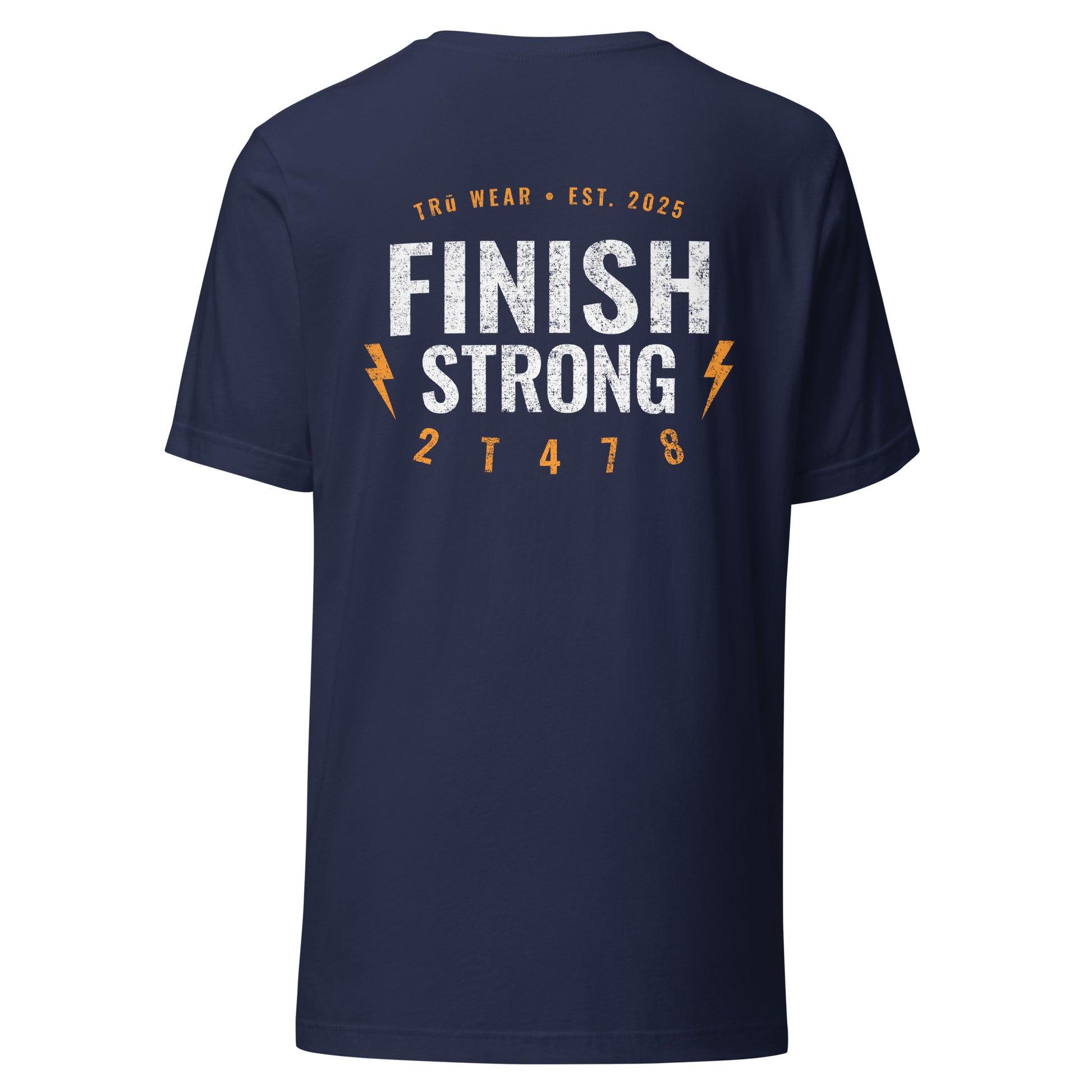 Navy men’s Christian graphic tee with Finish Strong lightning bolt design — 2 Timothy 4:7-8 (2T478)