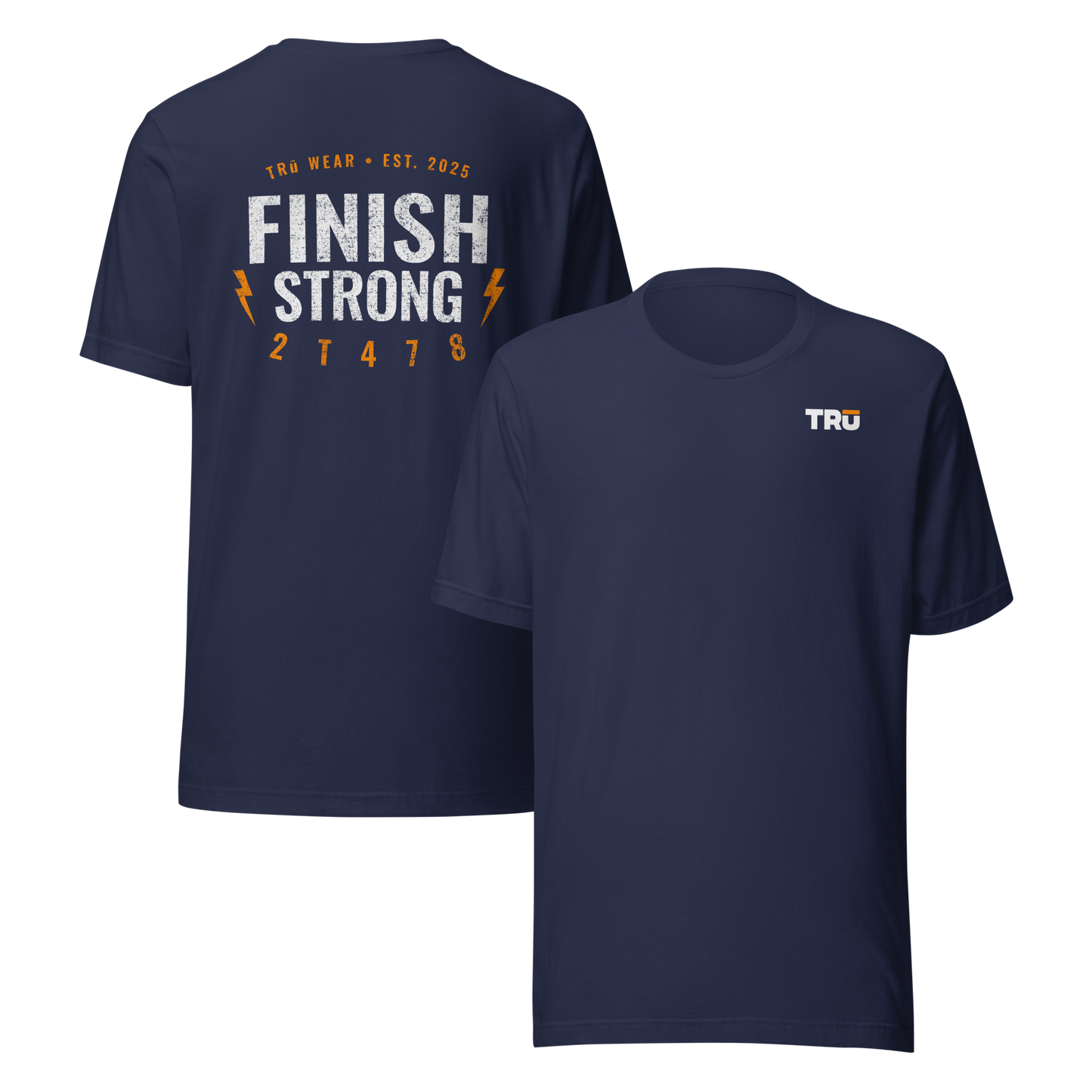 Navy Finish Strong Bolt Tee front and back — Christian Scripture graphic tee for men, 2T478