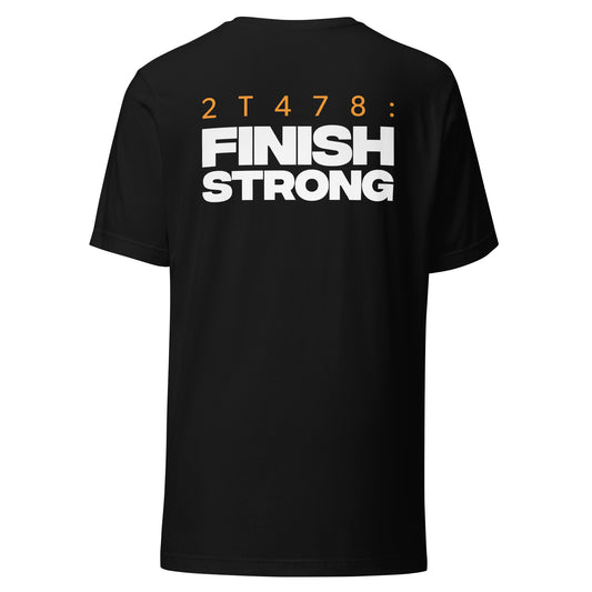 Men's Christian verse-code tee in black — Finish Strong, 2 Timothy 4:7-8 (2T478) | TRŪ Wear