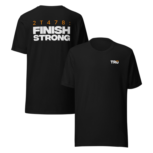 Men's Christian verse-code tee in black — Finish Strong, 2 Timothy 4:7-8 (2T478) | TRŪ Wear