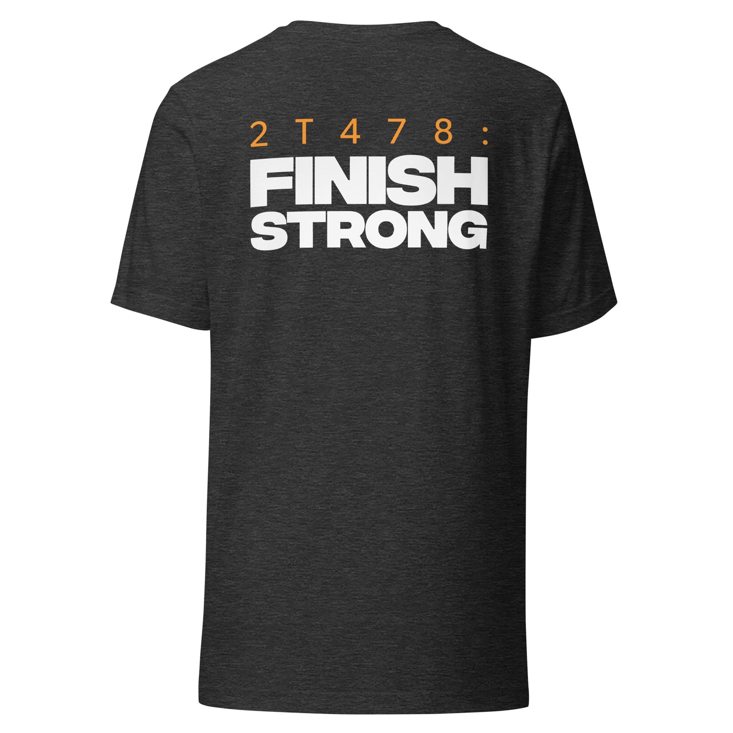 Men's Christian verse-code tee in dark grey heather — Finish Strong, 2 Timothy 4:7-8 (2T478) | TRŪ Wear