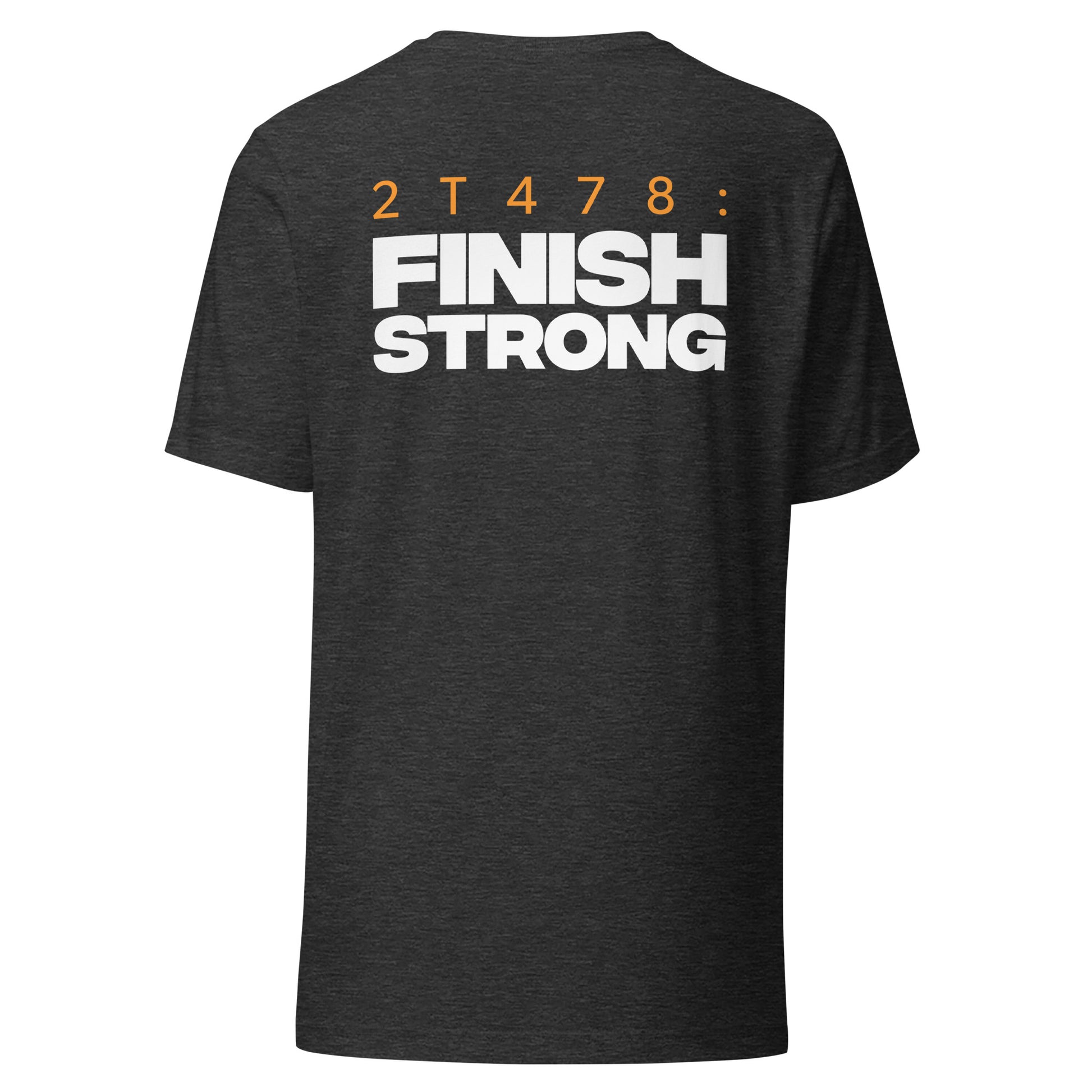 Men's Christian verse-code tee in dark grey heather — Finish Strong, 2 Timothy 4:7-8 (2T478) | TRŪ Wear
