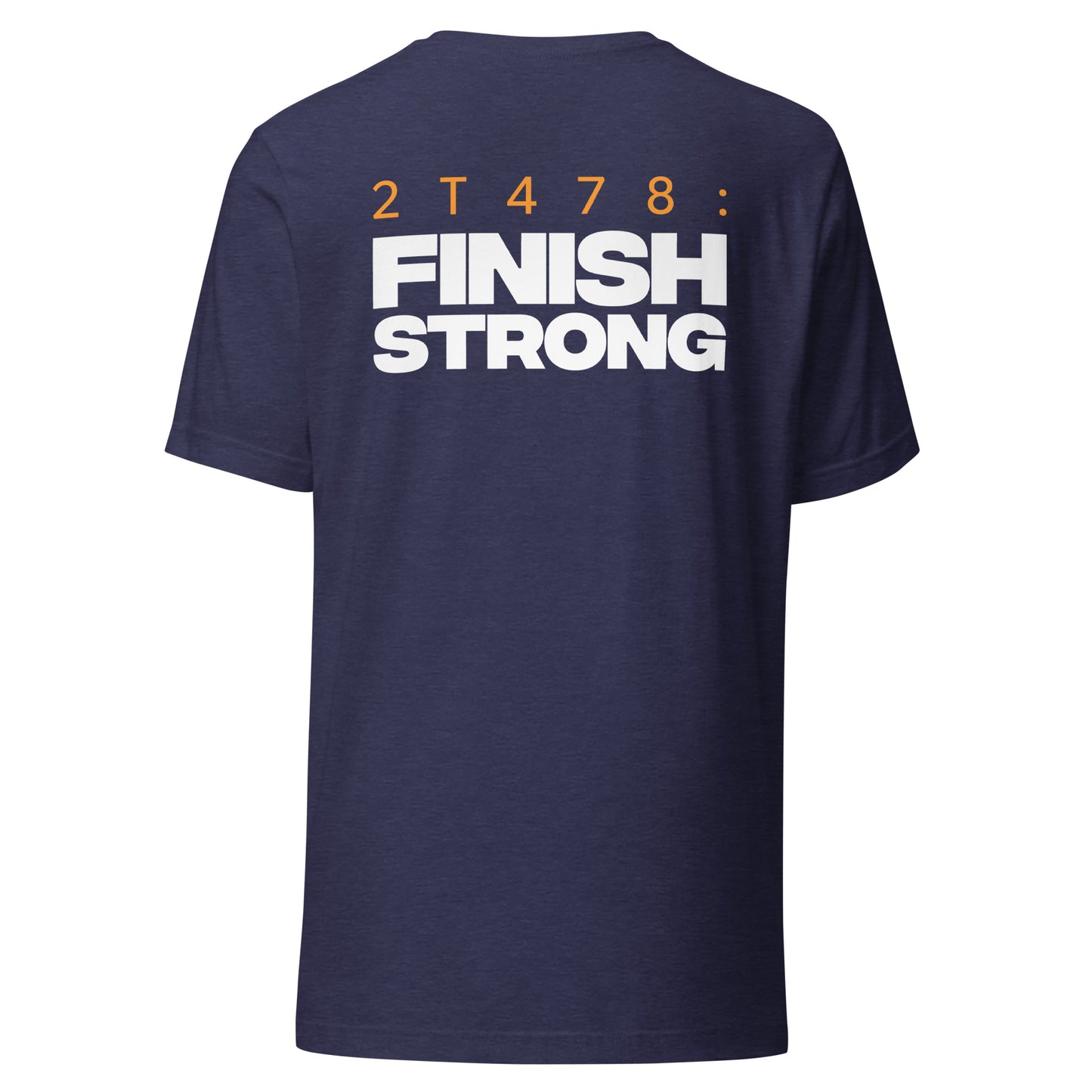 Men's Christian verse-code tee in heather navy — Finish Strong, 2 Timothy 4:7-8 (2T478) | TRŪ Wear